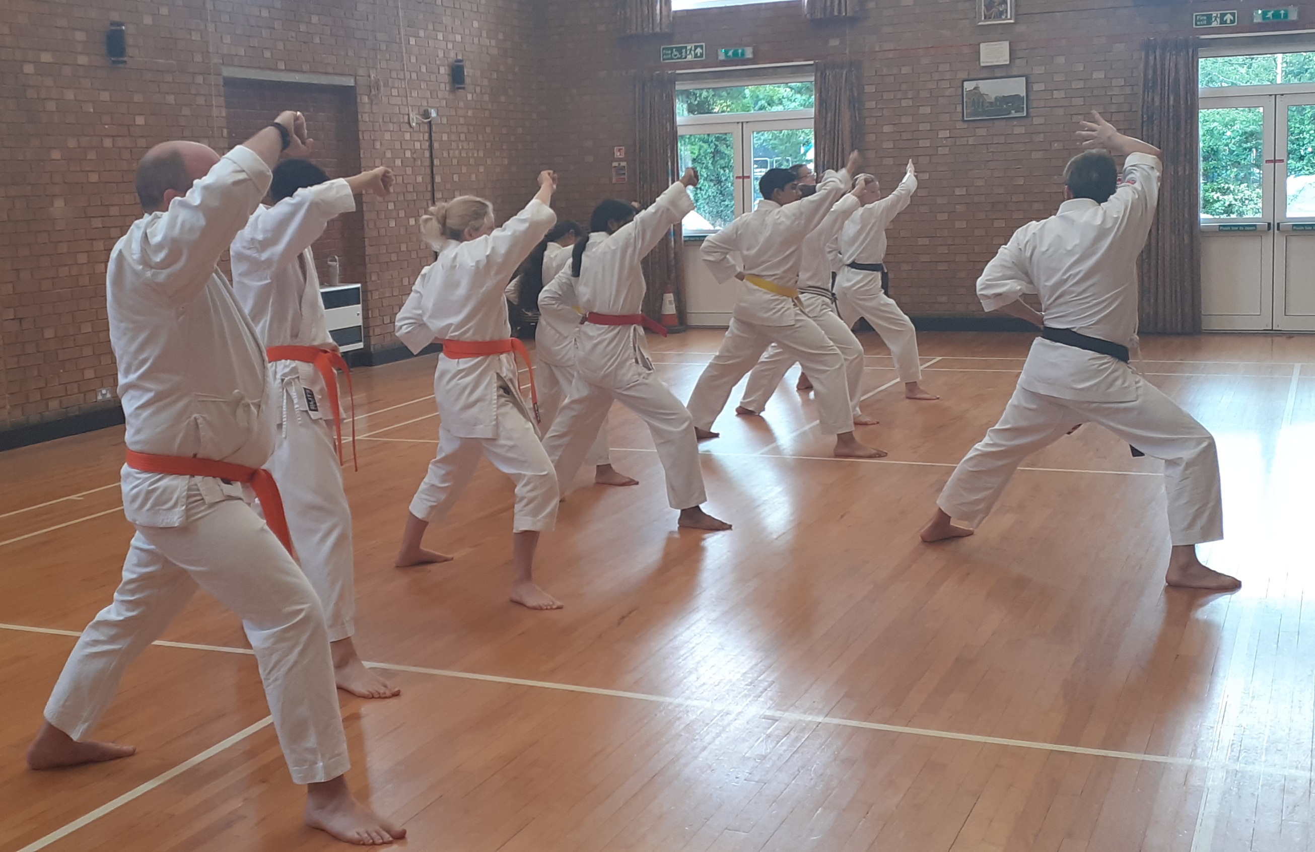 Shotokan Karate students practising kata at Flackwell Heath dojo