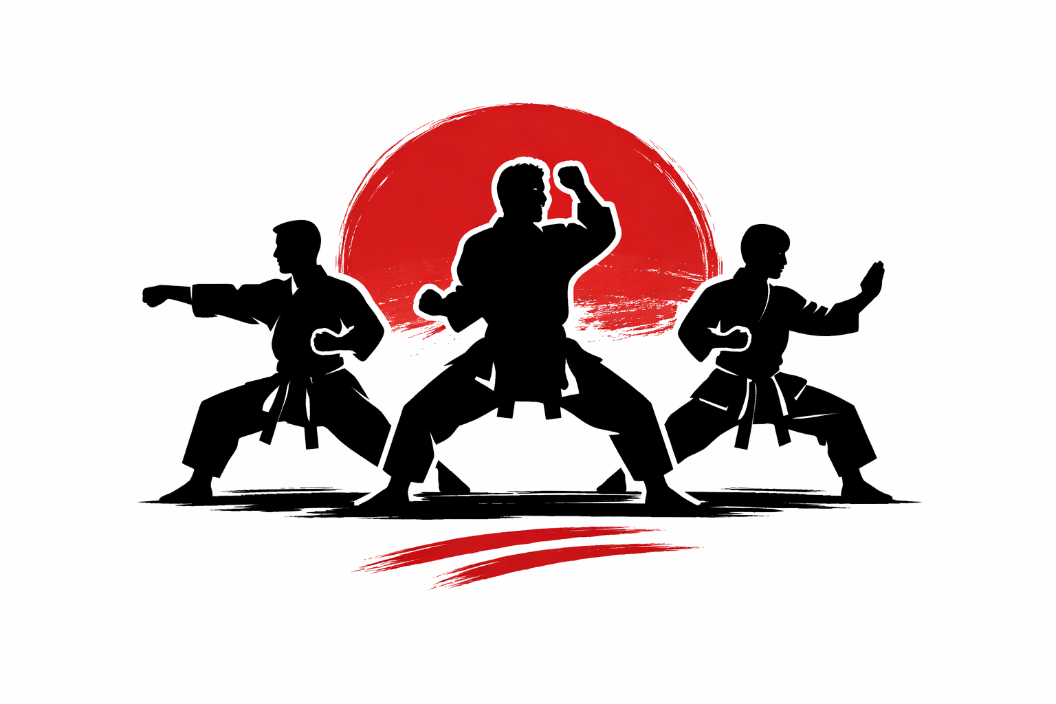 Shotokan Karate kata silhouette with red sun background