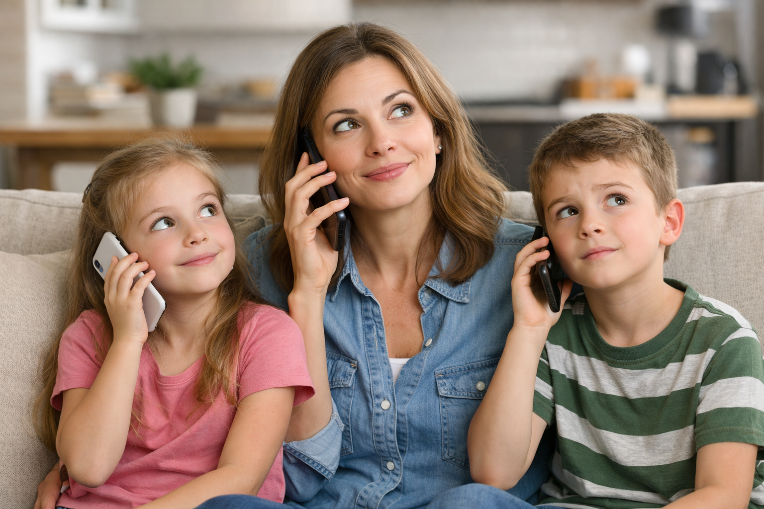 Mother with two children asking karate questions by phone